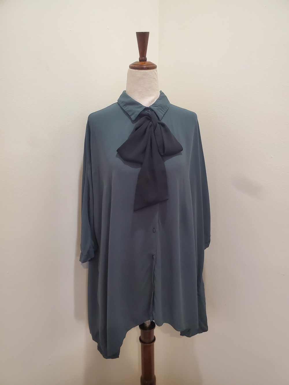 Zara Slate Dark Green Blouse with Black Neck Tie Bow